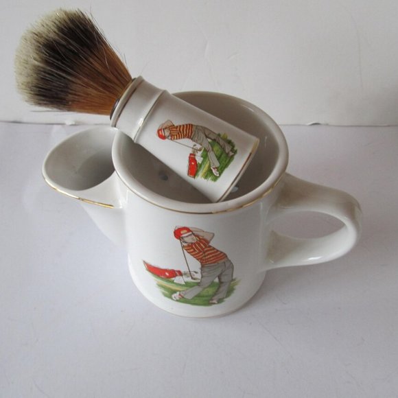 Golfer Antique Shaving Scuttle Shaving Brush Shaving Mug Mens Shaving Cup - Picture 2 of 7